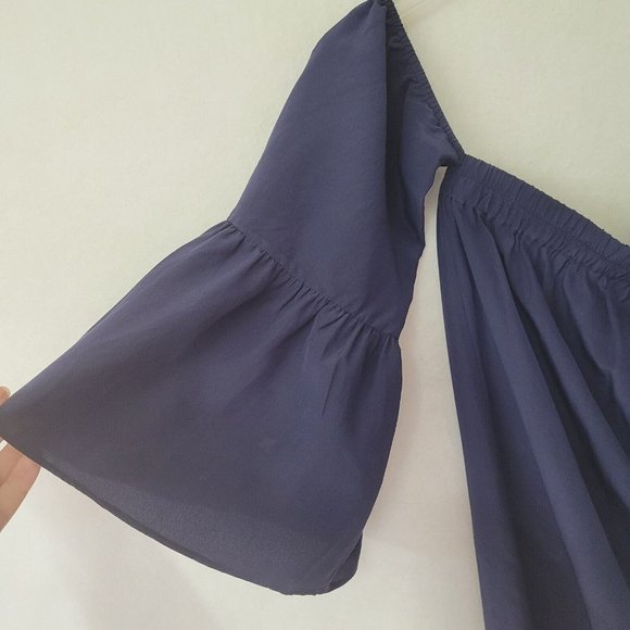 Lilly Pulitzer Dress Women S Sanilla Off The Shoulder Silk Navy Bell Sleeve Mini - Picture 3 of 14